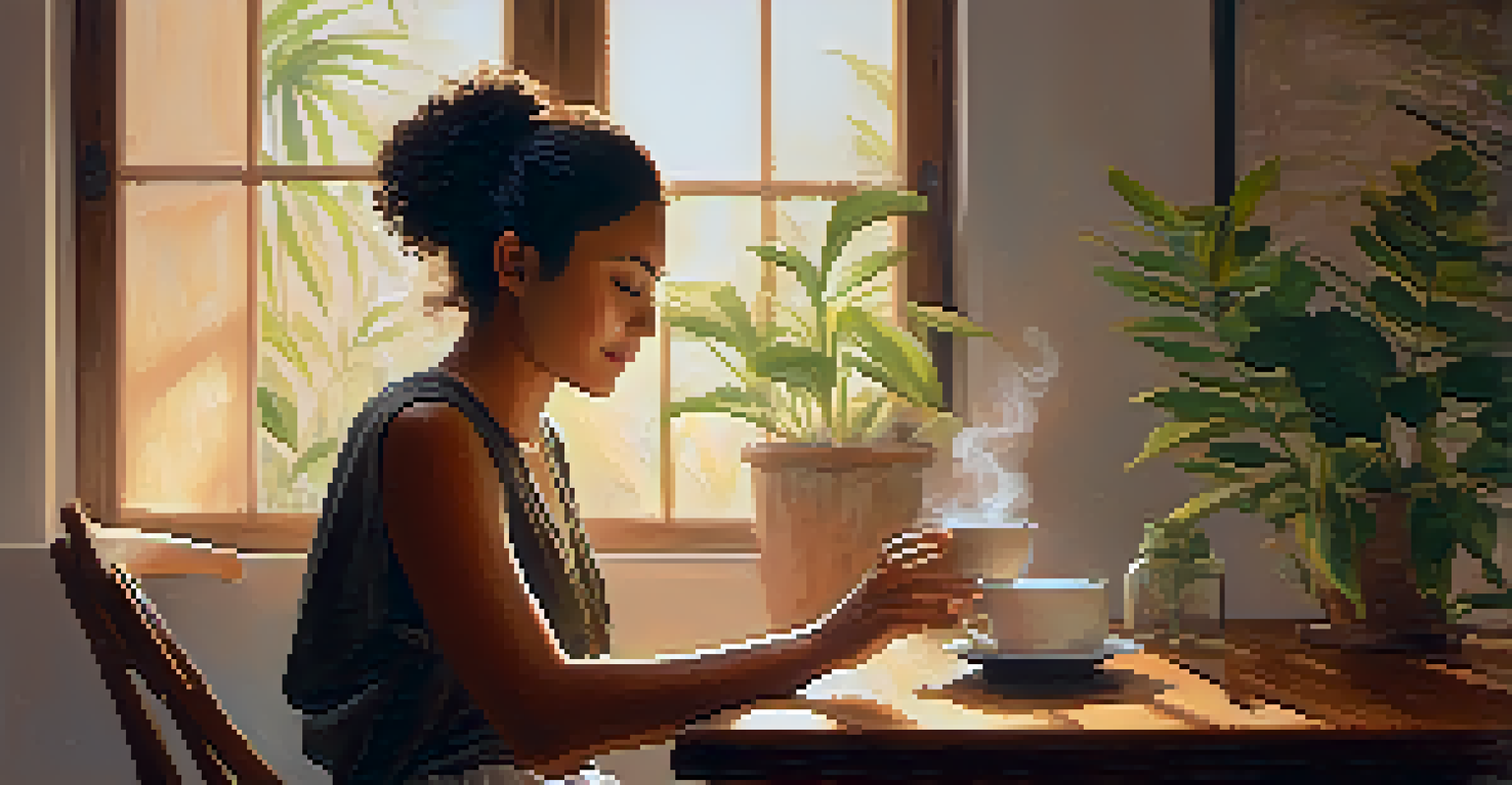 A person seated at a wooden table, practicing mindful breathing with a cup of tea, in a warmly lit indoor environment.