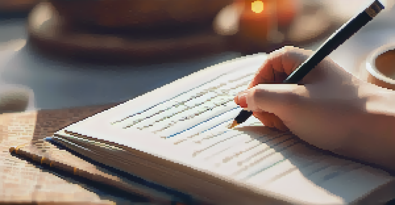 A close-up of a person writing positive affirmations in a journal, with a cozy setting including a cup of tea and a blanket.