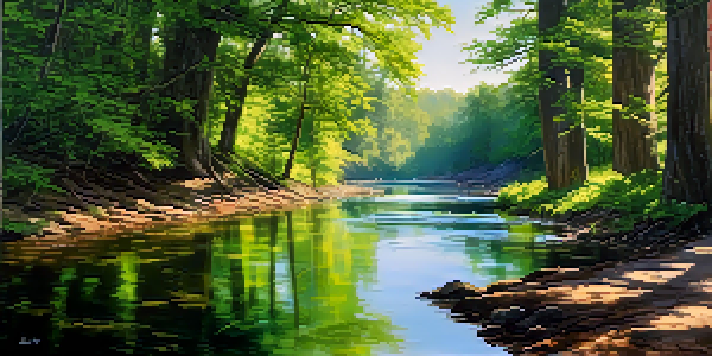 A peaceful river surrounded by greenery, with sunlight shining through the trees, symbolizing adaptation in nature.