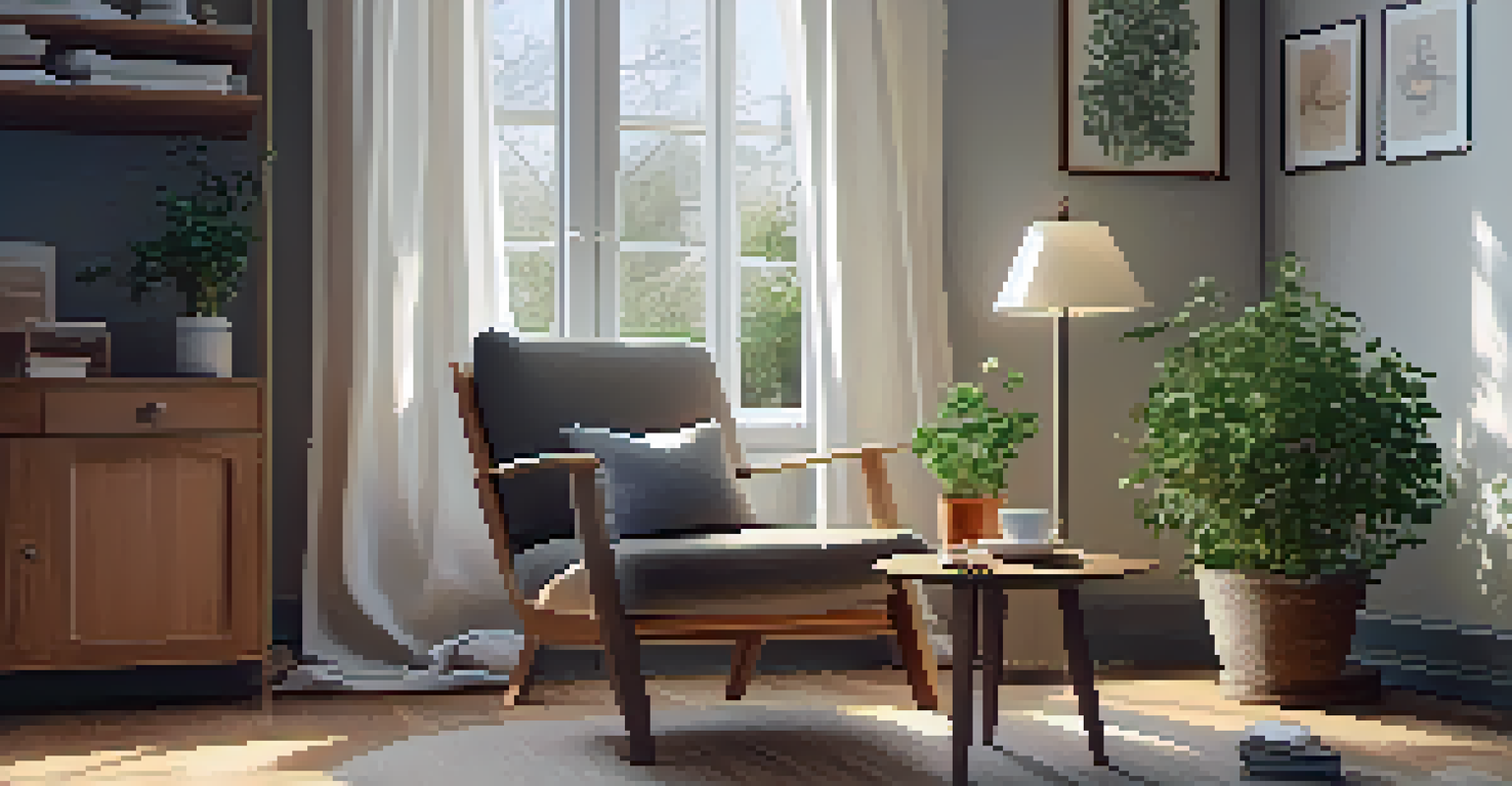 A cozy corner with an armchair, tea, and plants, illuminated by natural light, ideal for self-care.