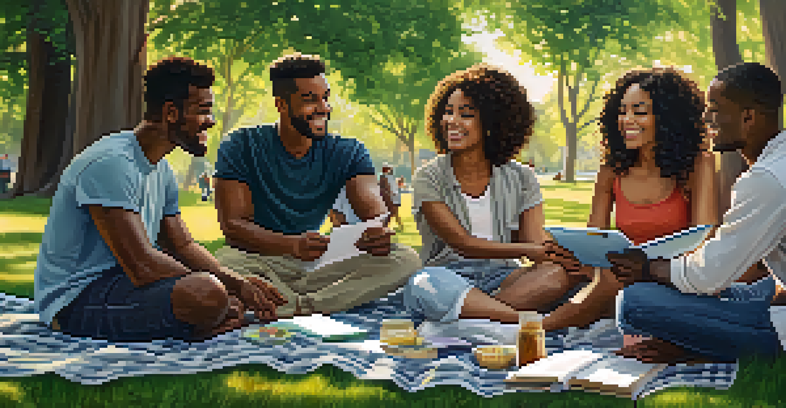 A group of friends in a park, smiling and discussing their goals while taking notes on a picnic blanket surrounded by greenery.