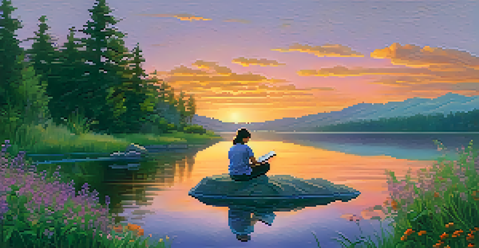 A person reflecting by a lake at sunset, with a journal in hand, surrounded by nature.