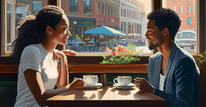 A couple sitting in a cozy coffee shop, talking intimately over coffee with warm lighting.