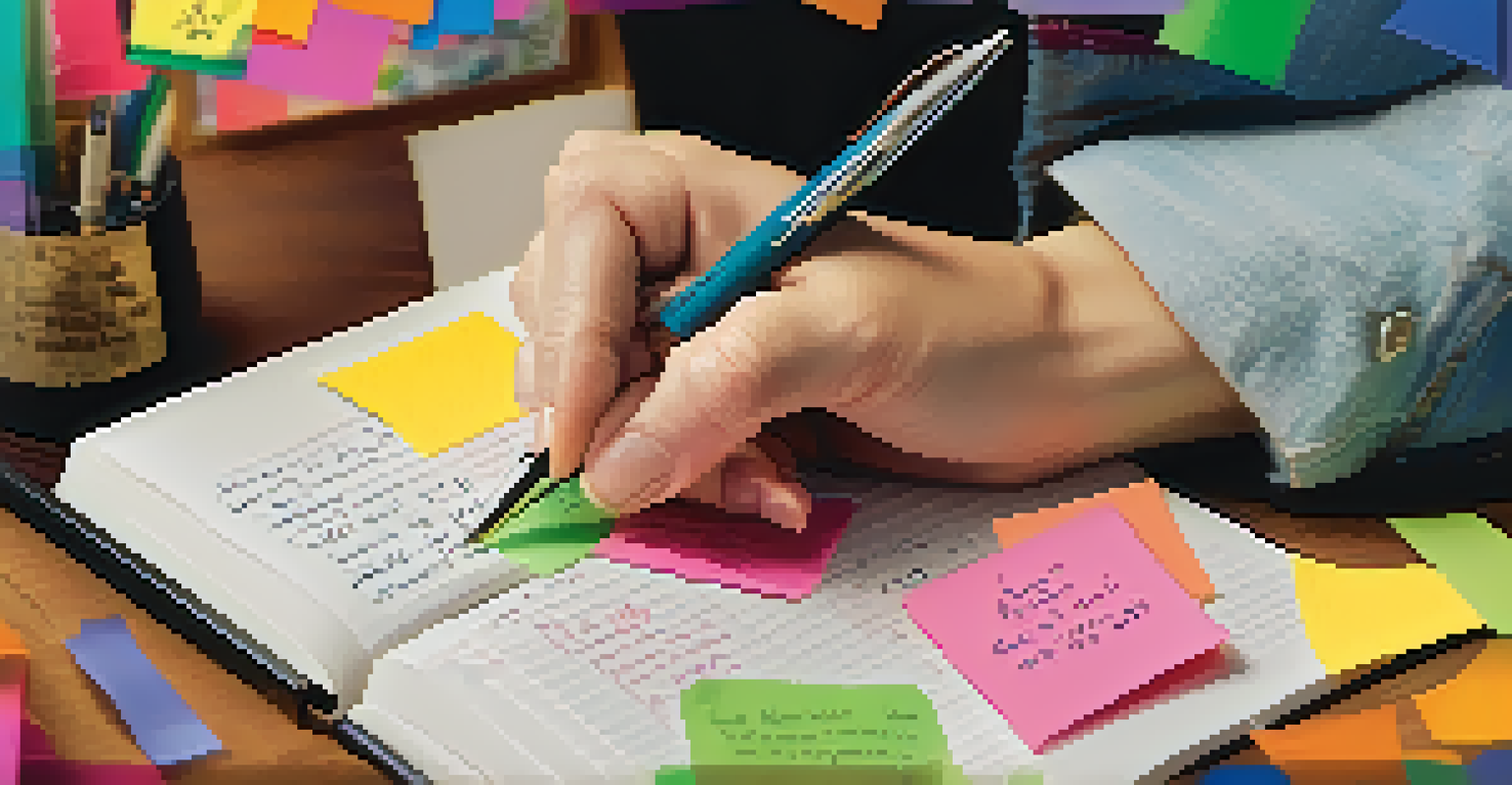 Hands writing in a journal with sticky notes and a corkboard in the background, symbolizing personal growth.