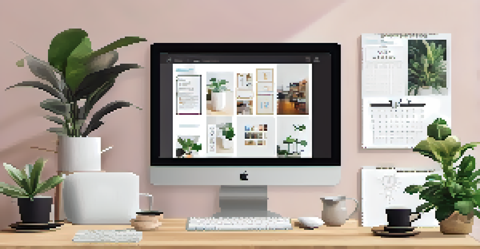 A digital vision board on a laptop screen with organized sections for goals, set in a modern workspace with a plant and coffee cup.