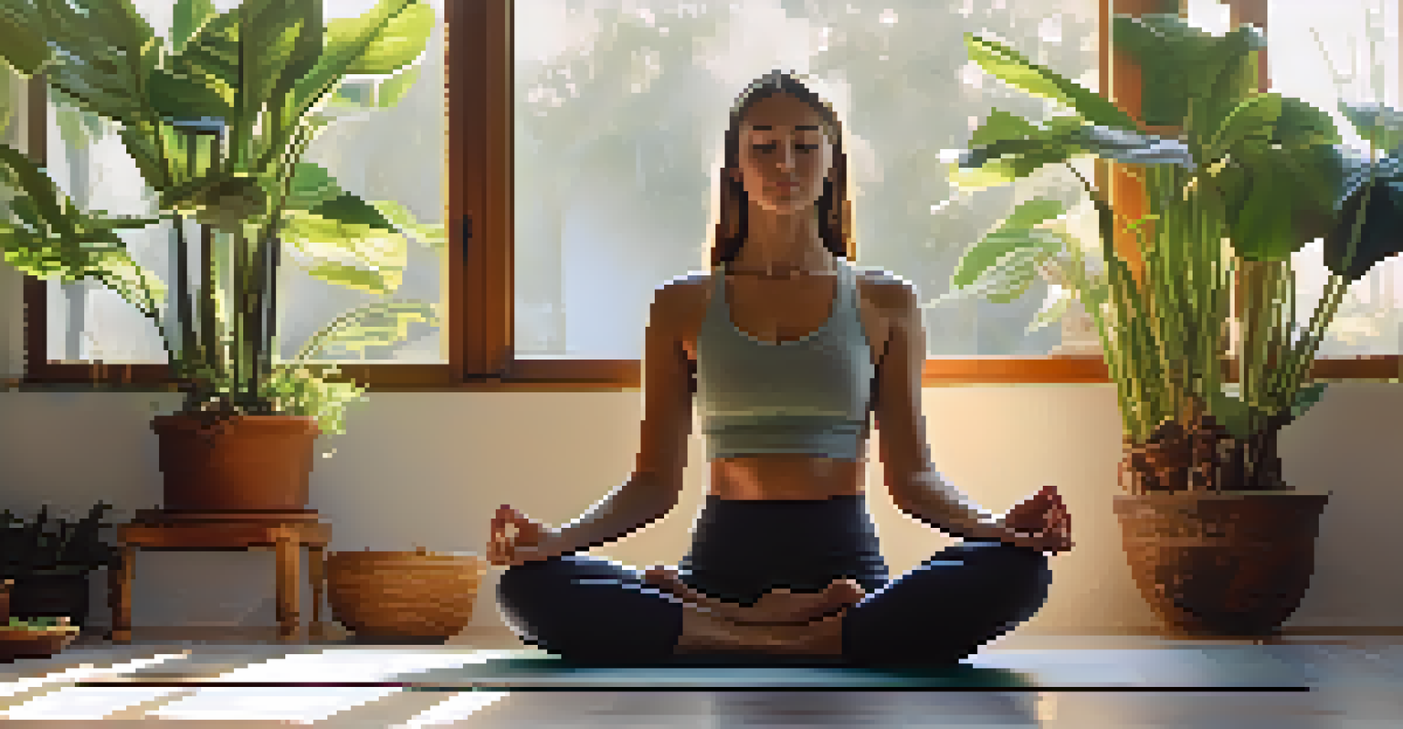 A close-up of a person sitting cross-legged in meditation on a yoga mat, surrounded by greenery and illuminated by sunlight.