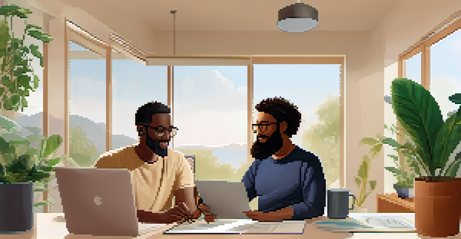 A virtual mentorship meeting showing a mentor and mentee engaging through a video call, each in their respective homes.