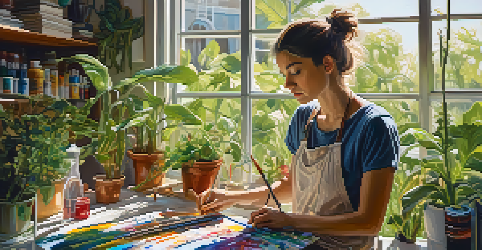 An artist painting in a sunlit studio, surrounded by plants and art supplies, with vibrant colors on the canvas.