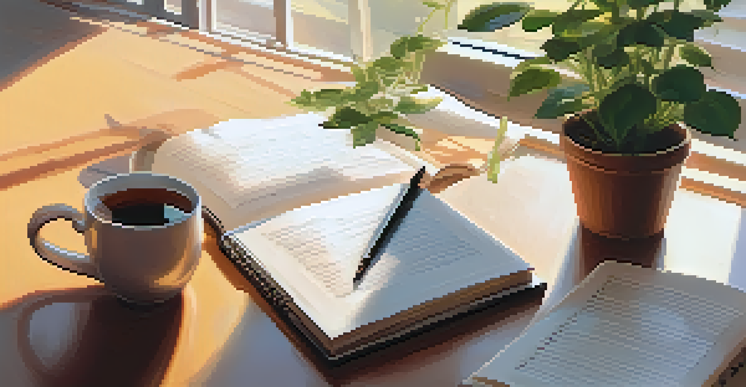 A person writing in a fitness journal by a sunlit window, with a cup of tea and a plant beside them.