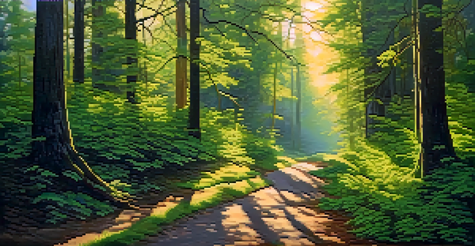 A peaceful forest at dawn with sunlight shining through the trees and a winding path.