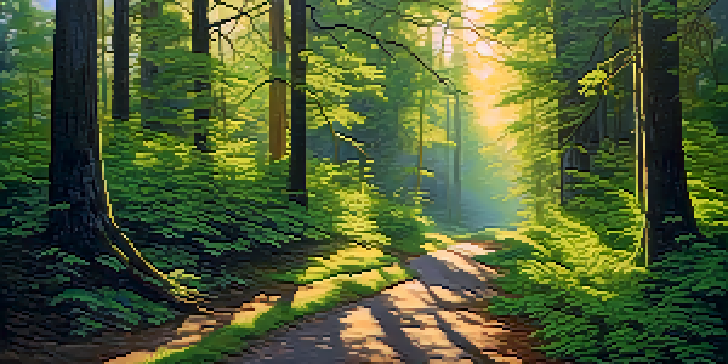 A peaceful forest at dawn with sunlight shining through the trees and a winding path.