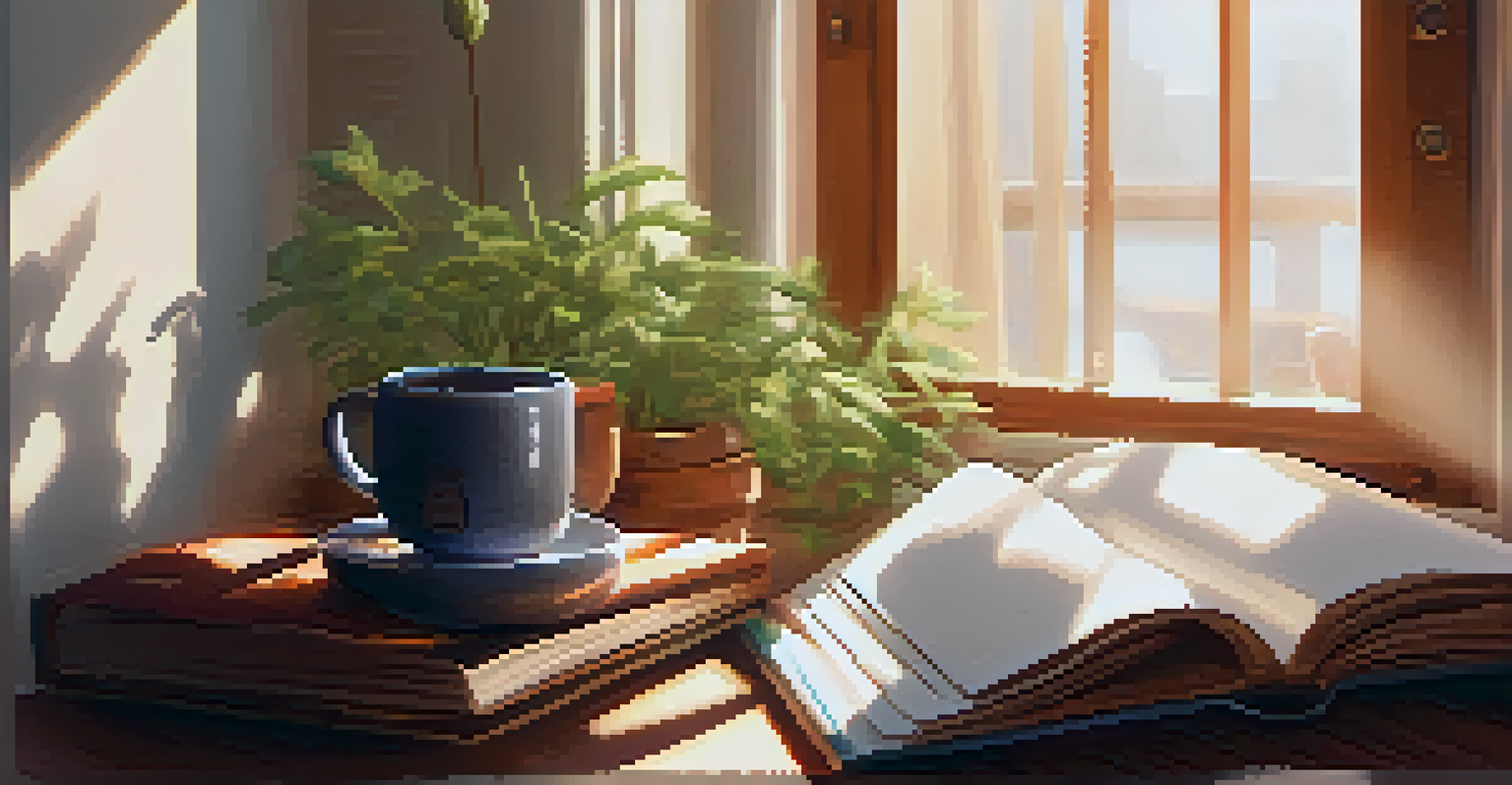 A person journaling in a cozy room with sunlight, tea, and soft pillows, conveying a sense of comfort and reflection.