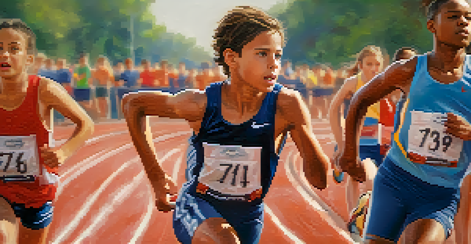 A young athlete training on a track, looking determined, with a cheering crowd in the background, symbolizing support and perseverance.