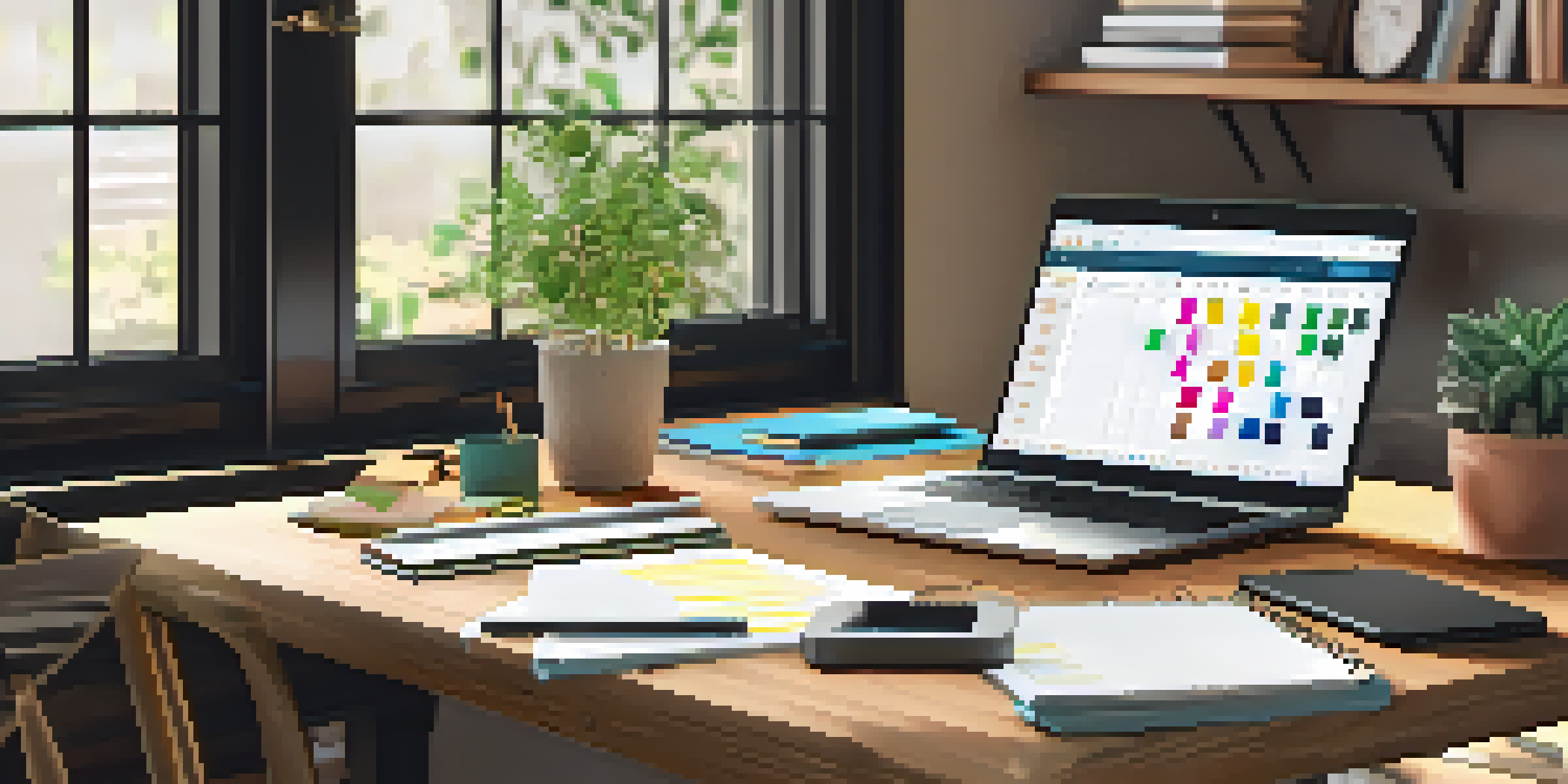 A tidy wooden desk with a planner, sticky notes, and an open laptop in a well-lit room.