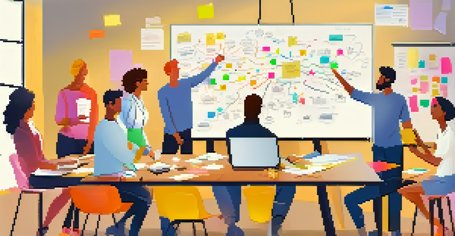 A diverse group of employees collaborating at a table, using colorful sticky notes and a whiteboard for brainstorming.