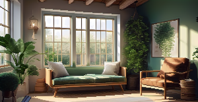A cozy indoor mindfulness corner with an armchair, plants, and soft lighting, inviting relaxation.
