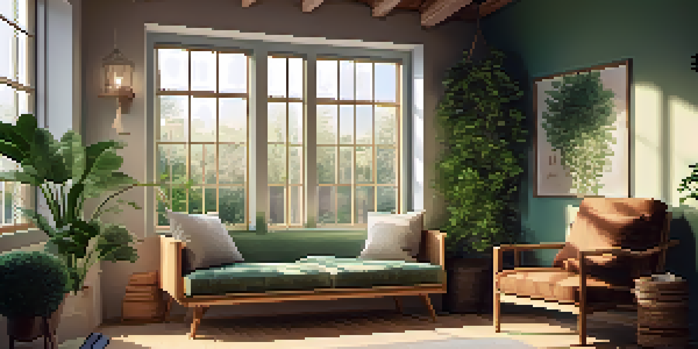 A cozy indoor mindfulness corner with an armchair, plants, and soft lighting, inviting relaxation.