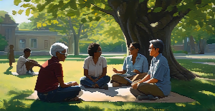 A diverse group of people engaged in a mentorship discussion under a large tree, with sunlight filtering through the leaves.