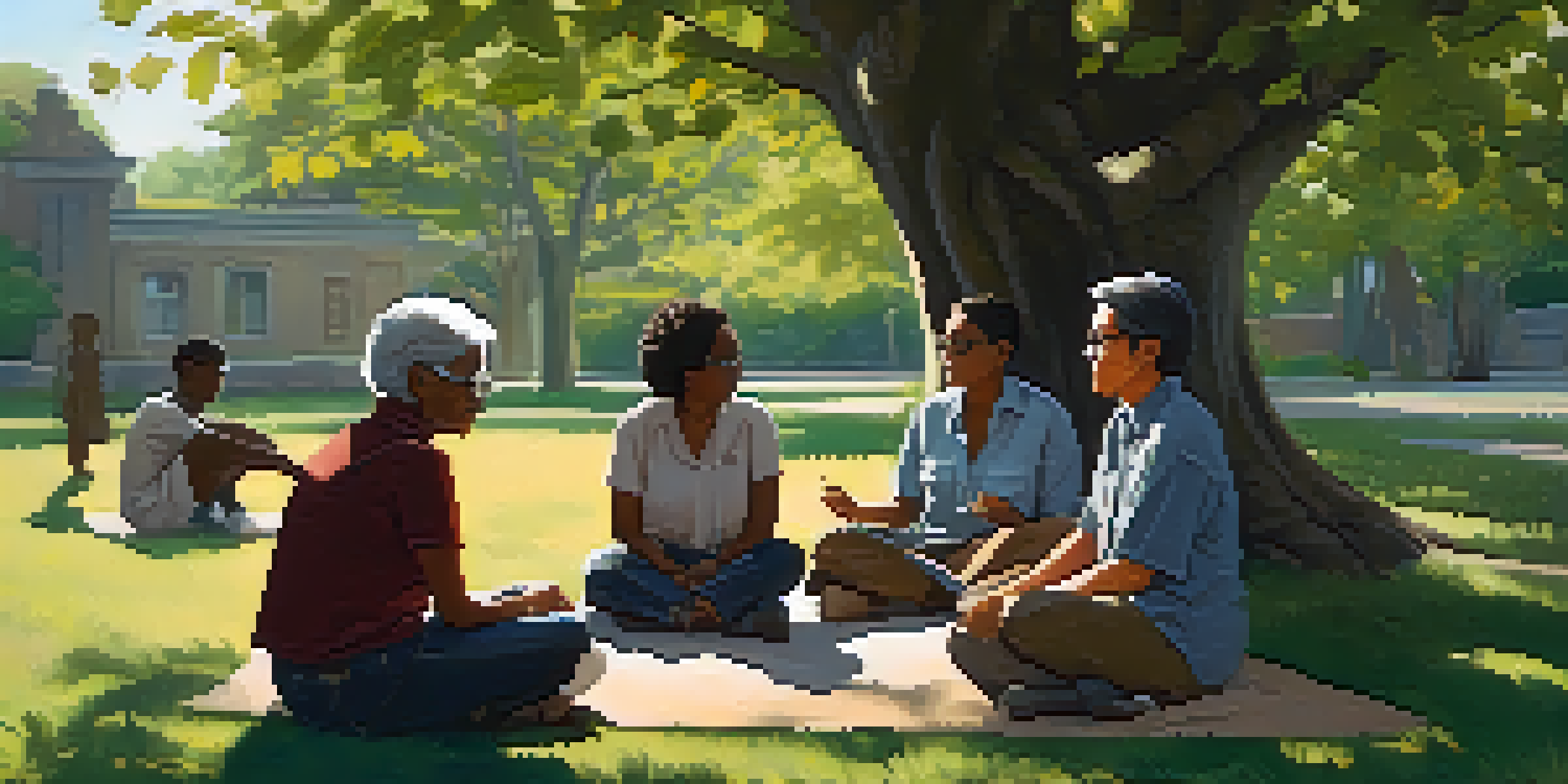 A diverse group of people engaged in a mentorship discussion under a large tree, with sunlight filtering through the leaves.