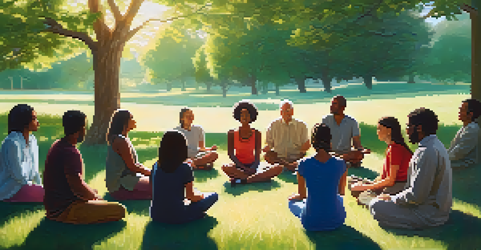 A diverse group of people sitting in a circle on grass, practicing mindful breathing outdoors with serene expressions.