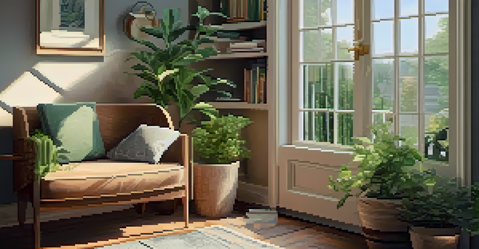 A cozy reading nook with an armchair, a cup of tea on a table, and sunlight coming through a window.
