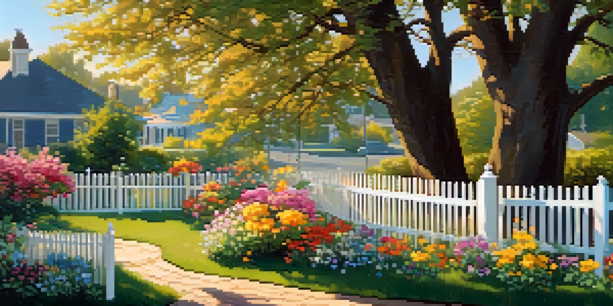 A peaceful garden scene with a white fence, colorful flowers, and a wooden bench under a blooming tree.