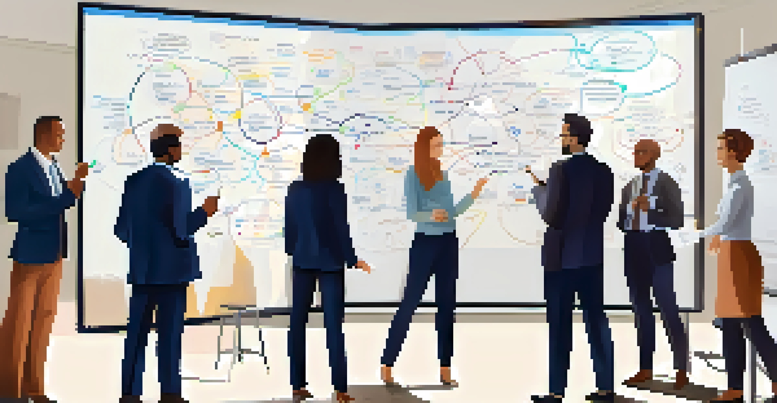 A diverse team discussing a mind map on a whiteboard in a bright modern room with large windows.