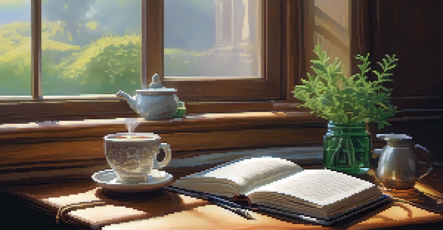 A warm and inviting scene with a cup of tea, an open journal with positive affirmations, and a small plant.