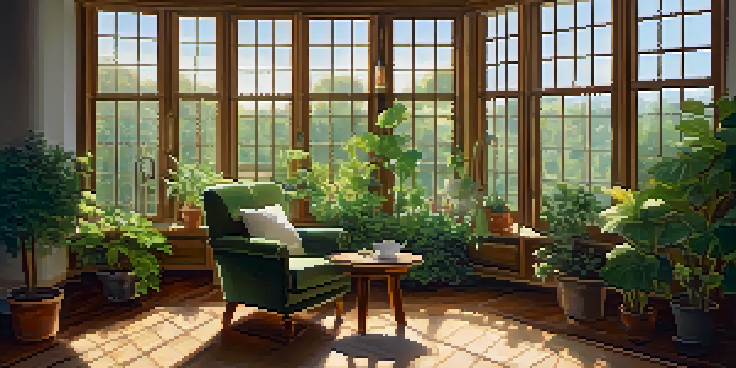 A cozy room with plants, an armchair, a gratitude journal, and a cup of tea, illuminated by sunlight through a window.