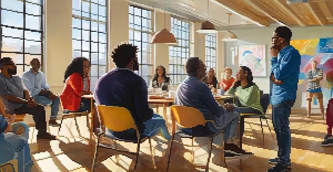 A diverse group of individuals discussing self-advocacy in a bright room with colorful posters.