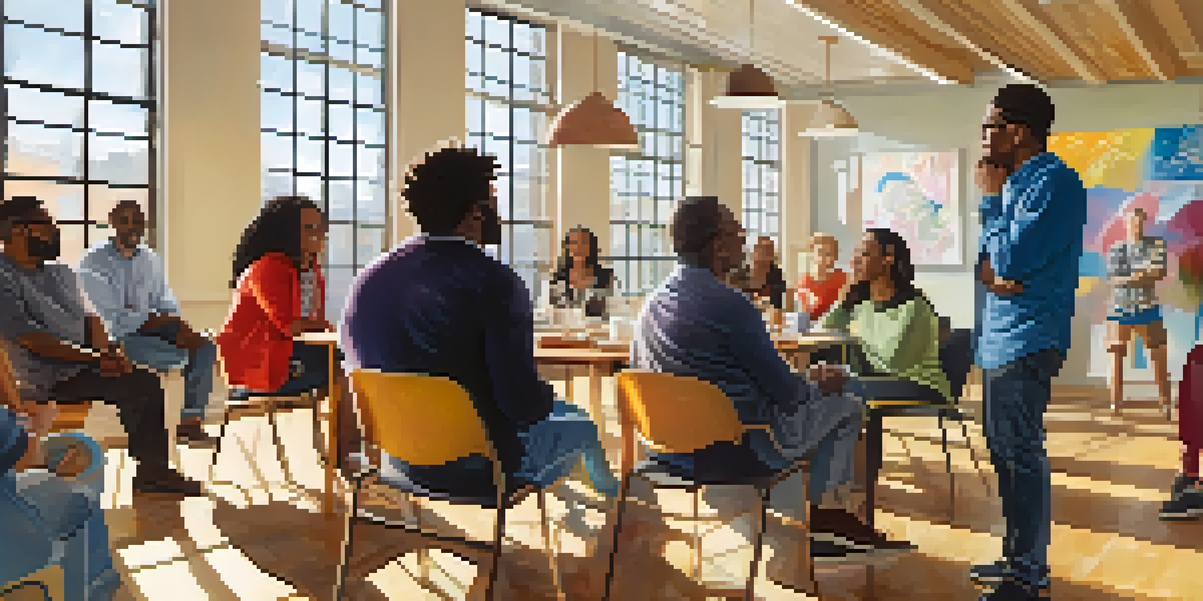 A diverse group of individuals discussing self-advocacy in a bright room with colorful posters.