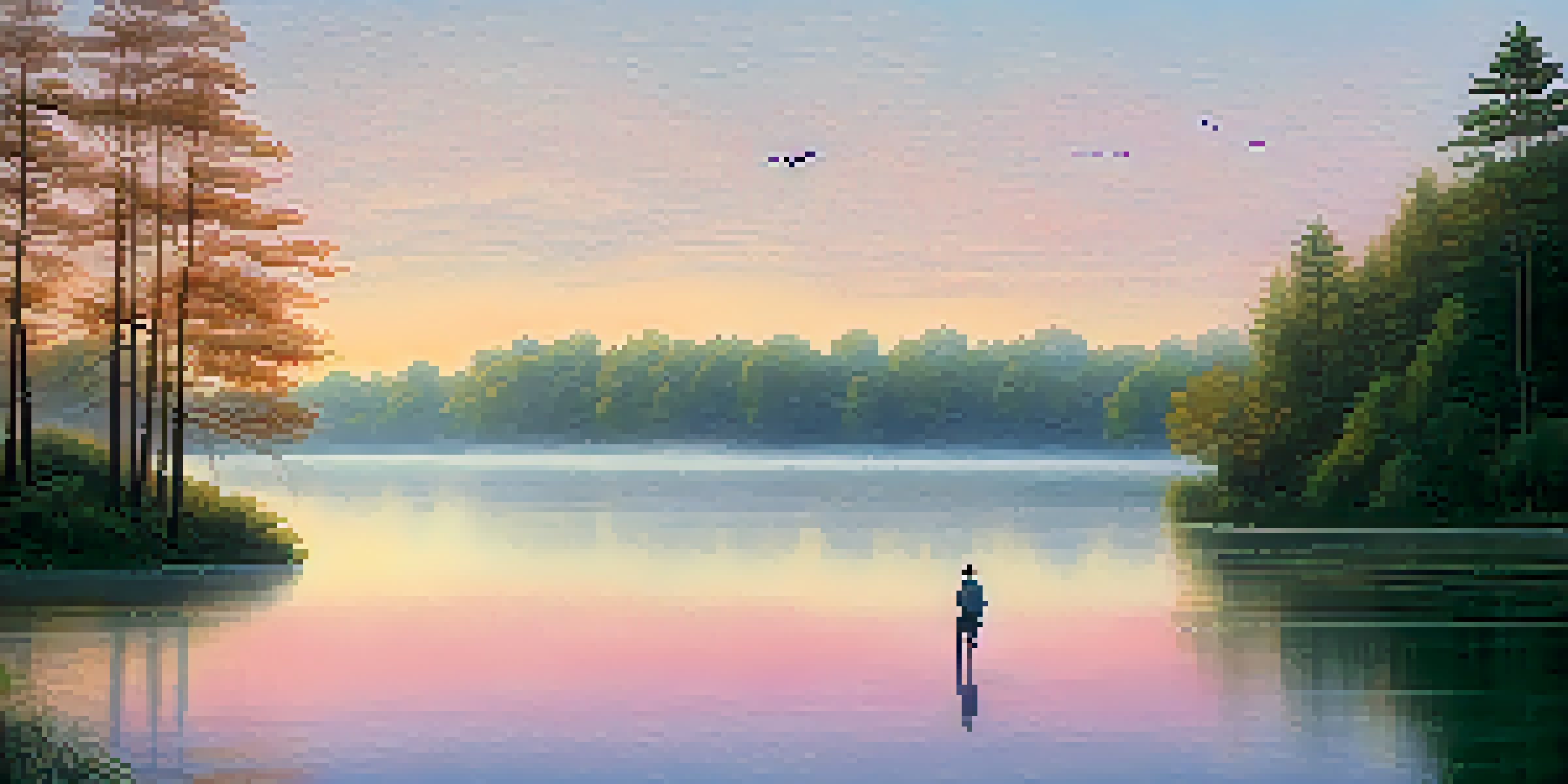A person standing at a peaceful lake during sunrise, with mist and colorful sky reflections.