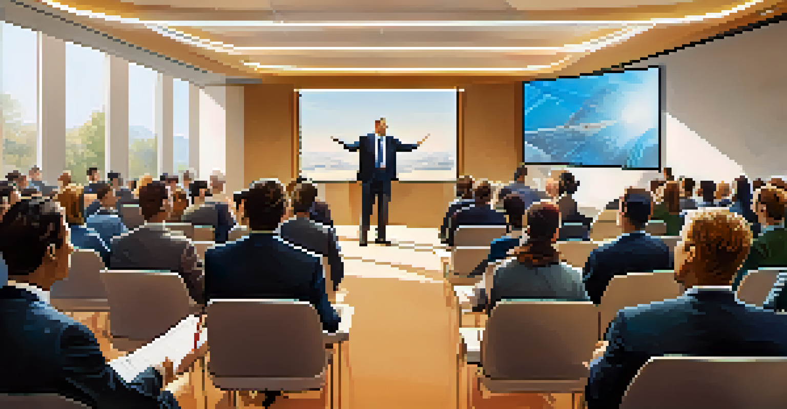 A leader presenting a vision to an engaged audience in a modern conference room.