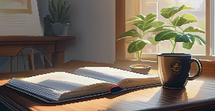 A cozy study area with a wooden desk, an open notebook, a steaming cup of coffee, and a potted plant, illuminated by soft sunlight.