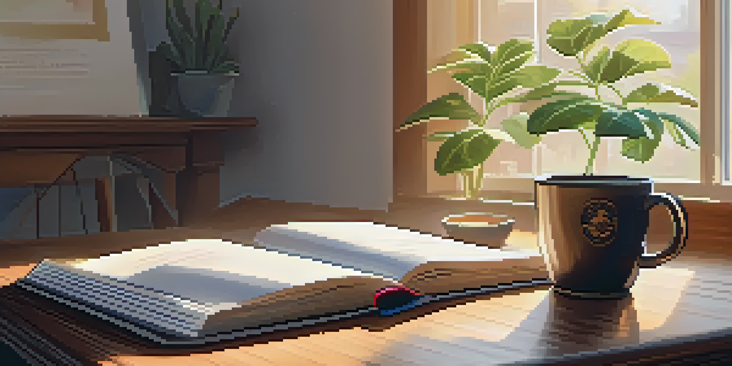 A cozy study area with a wooden desk, an open notebook, a steaming cup of coffee, and a potted plant, illuminated by soft sunlight.