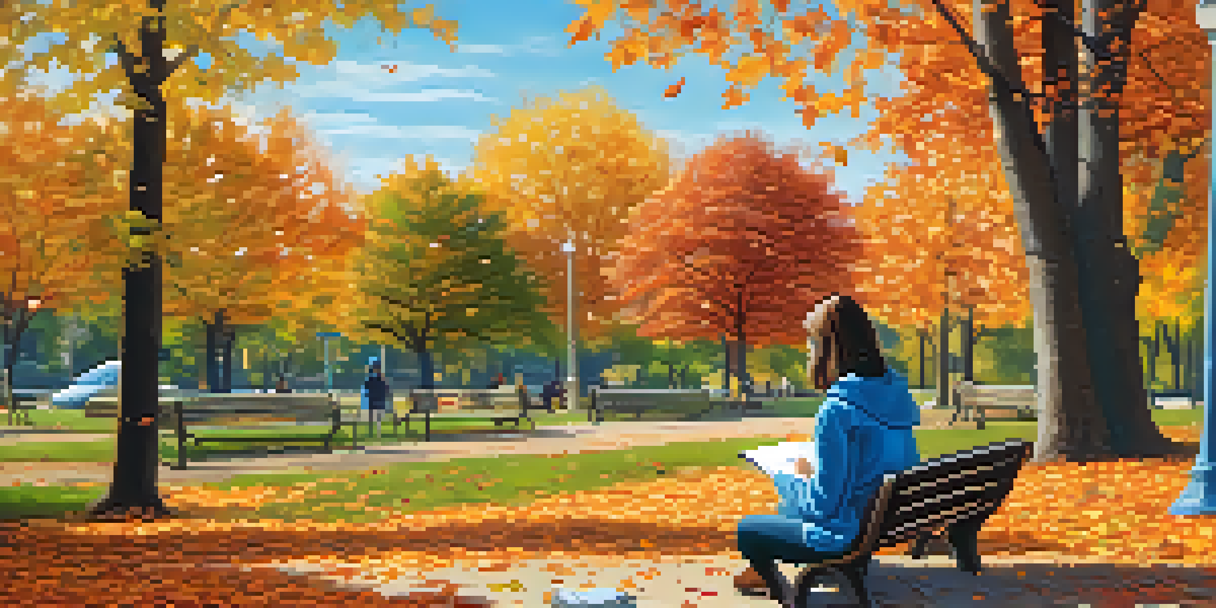 A person writing in a gratitude journal on a park bench, surrounded by colorful autumn leaves and a clear blue sky.