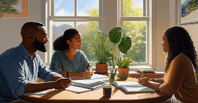 A cozy life coaching session with three diverse individuals discussing around a round table in a sunlit room, surrounded by inspirational quotes and plants.