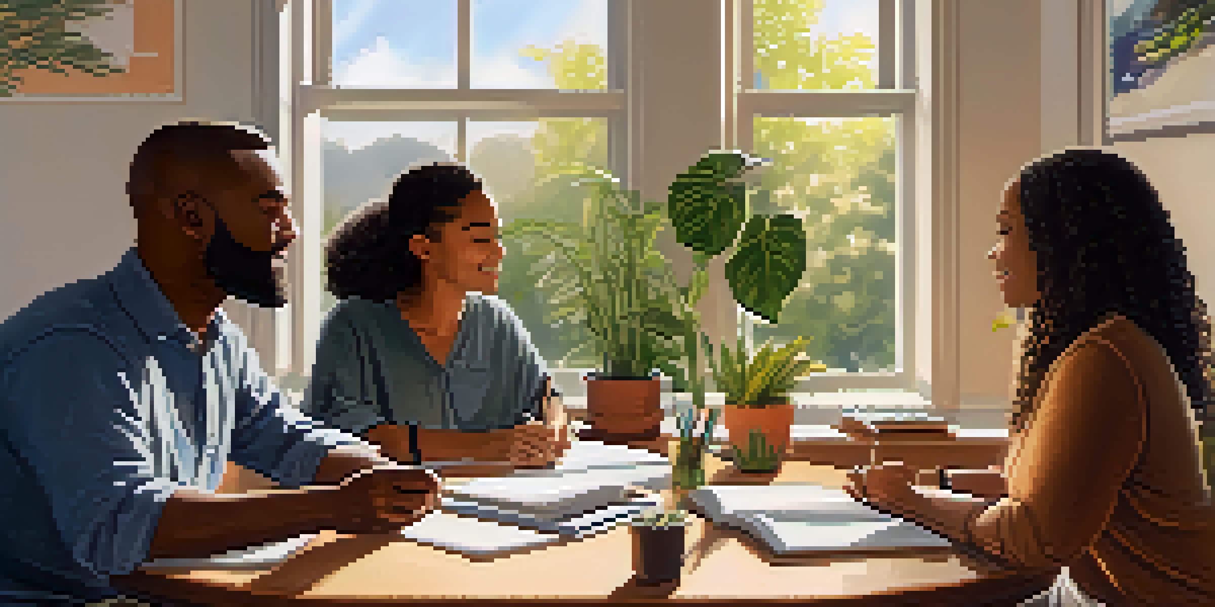 A cozy life coaching session with three diverse individuals discussing around a round table in a sunlit room, surrounded by inspirational quotes and plants.