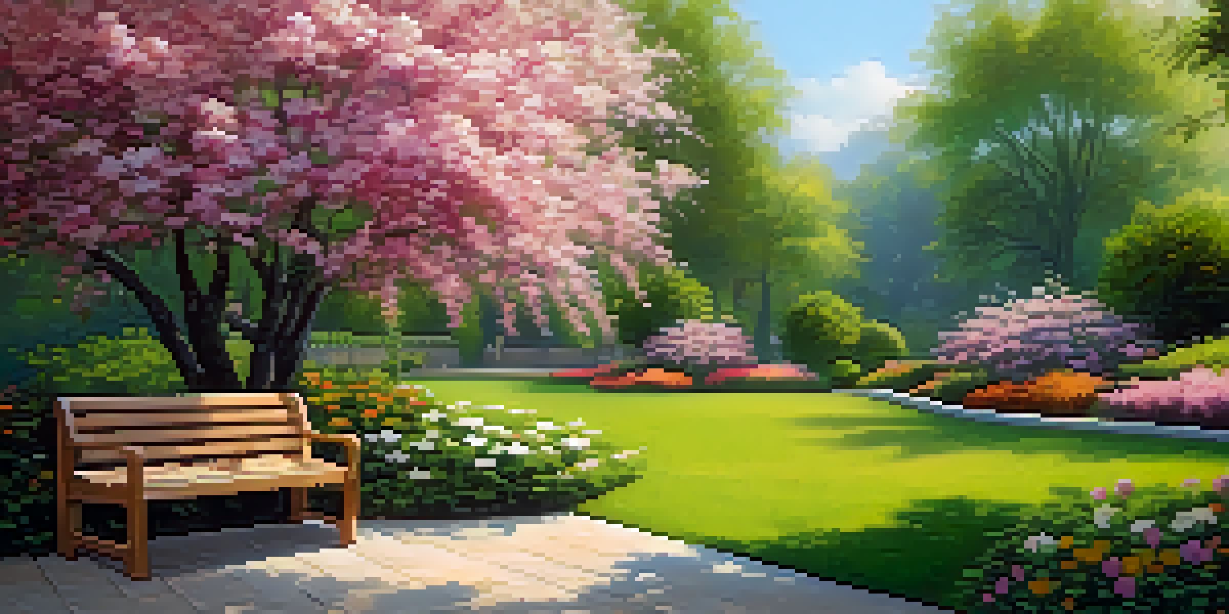 A beautiful garden filled with colorful flowers and greenery, illuminated by gentle morning light, with a wooden bench under a flowering tree.