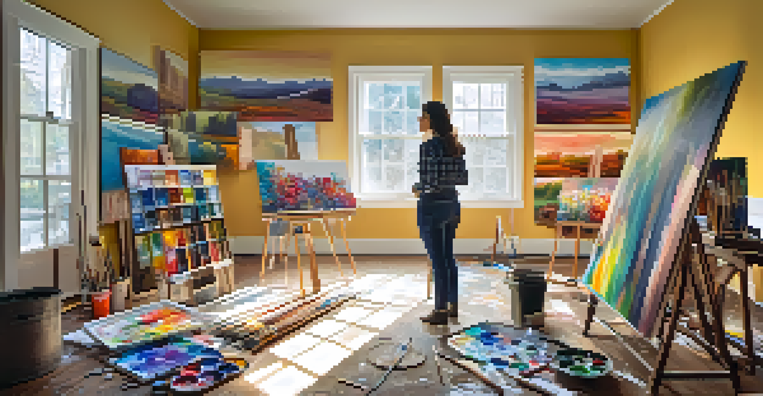 An artist mixing paints in a colorful studio filled with artwork.