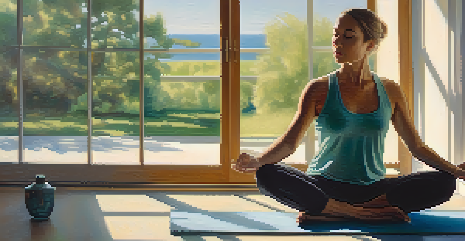 A person sitting cross-legged on a yoga mat, eyes closed in a peaceful setting with soft sunlight filtering through a window, promoting tranquility.
