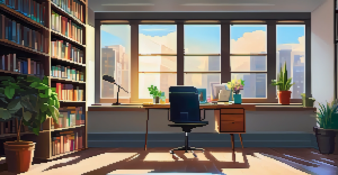 An office space with a wooden desk, laptop, bookshelves, and a potted plant, illuminated by sunlight.