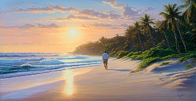 A person practicing mindfulness on a beach during sunrise, surrounded by gentle waves and tropical plants.