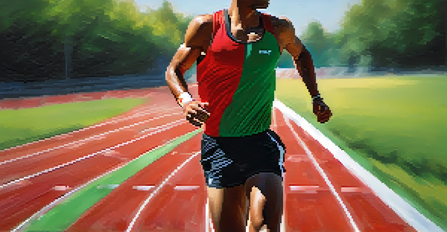 An athlete running on a red track, showcasing determination and focus, with a blurred background emphasizing speed.