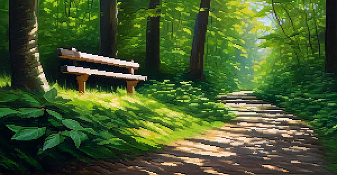 A winding path in a green forest with sunlight filtering through the leaves and a wooden bench along the trail.