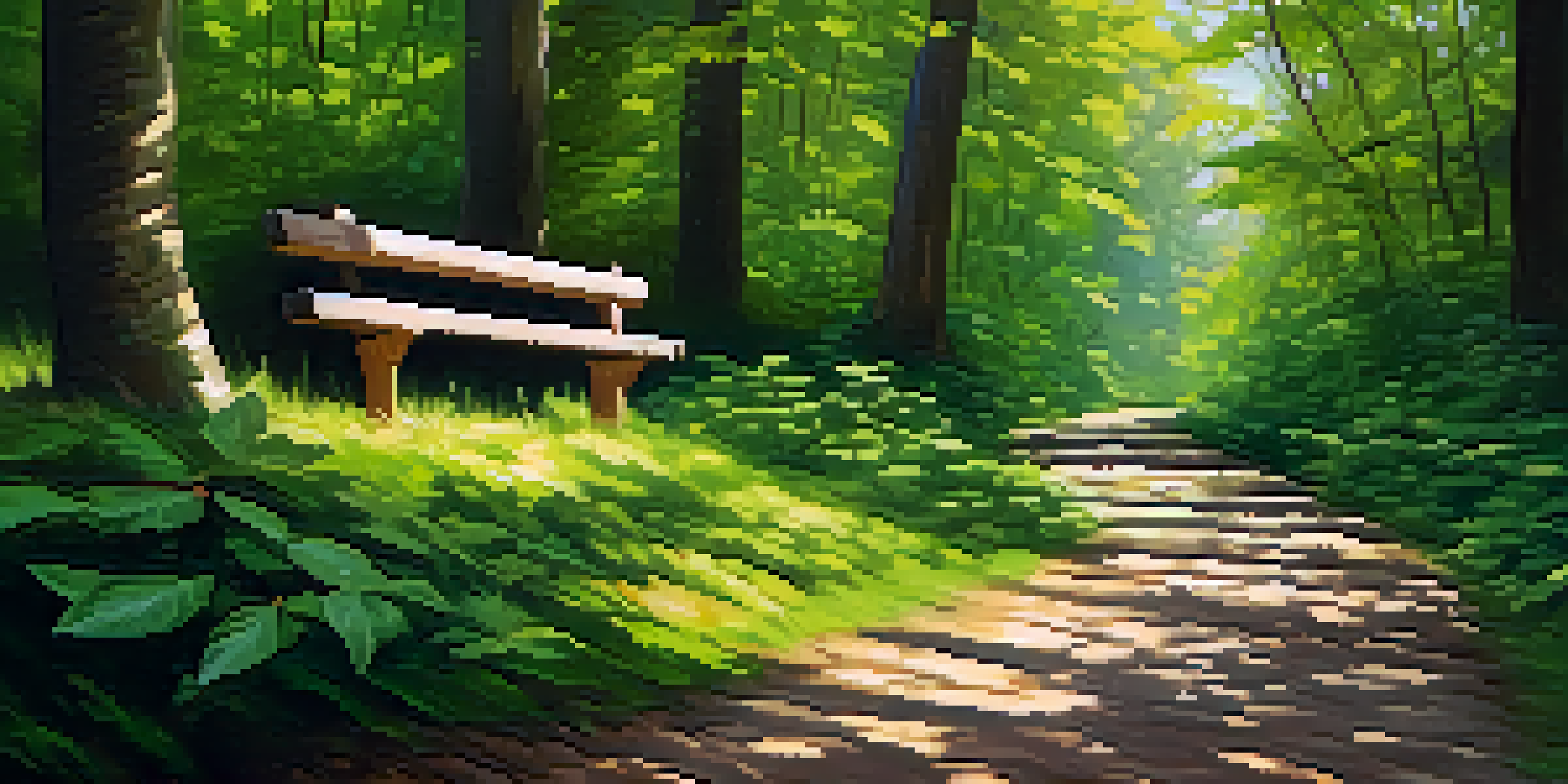 A winding path in a green forest with sunlight filtering through the leaves and a wooden bench along the trail.