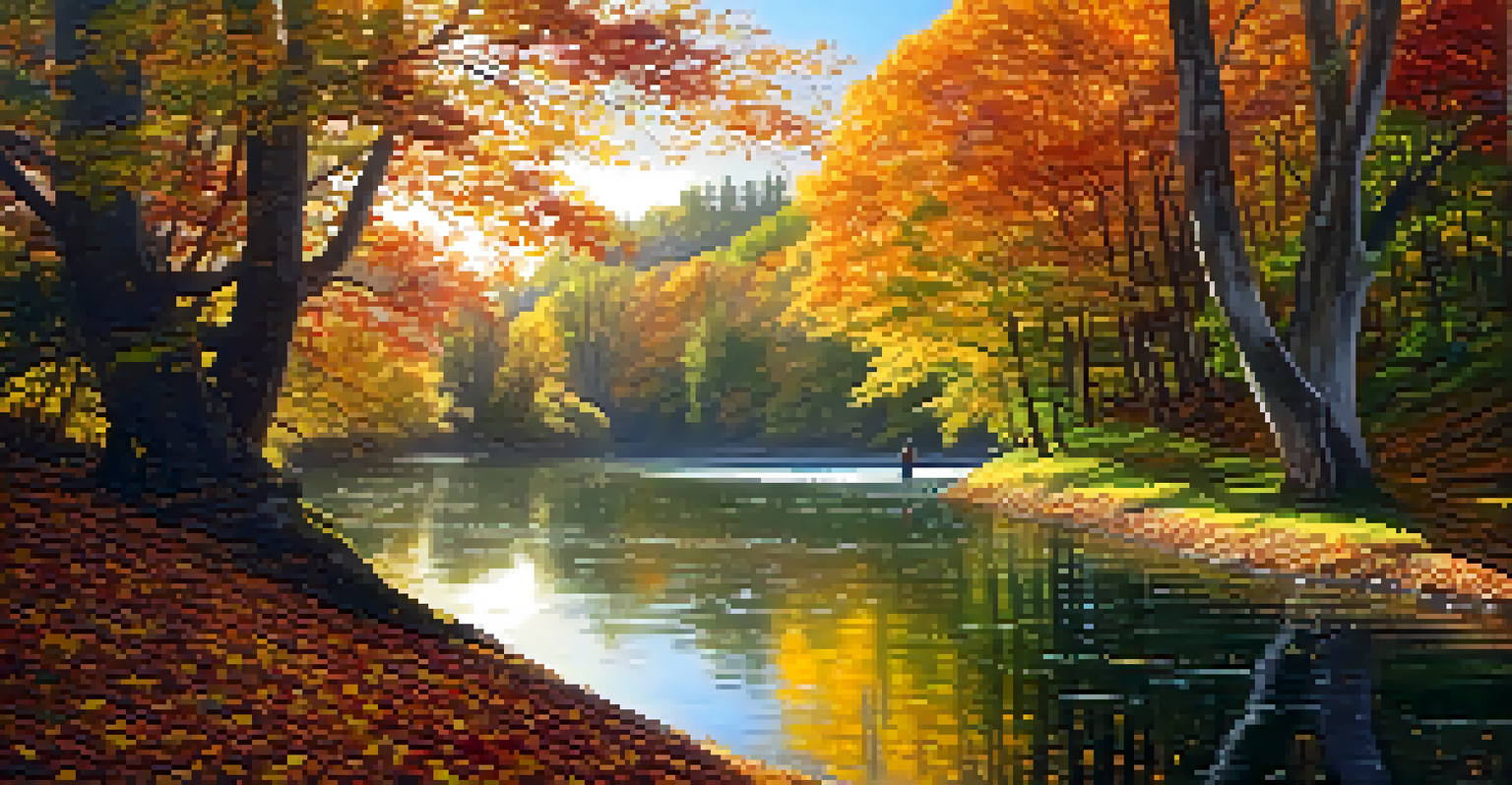 A winding river surrounded by greenery and autumn leaves, with sunlight filtering through trees and a person walking along the riverbank.