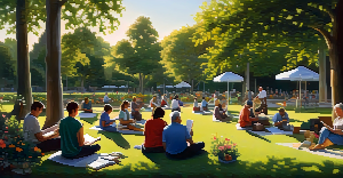A diverse group of people in a park, engaged in various activities of lifelong learning, surrounded by vibrant flowers and trees under a warm sun.