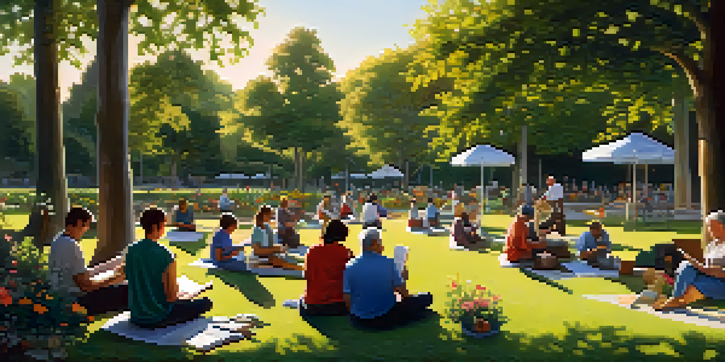 A diverse group of people in a park, engaged in various activities of lifelong learning, surrounded by vibrant flowers and trees under a warm sun.