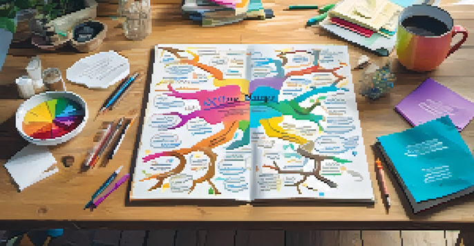 A colorful mind map displayed on a wooden desk, with various branches and keywords radiating from a central idea, illuminated by natural light.